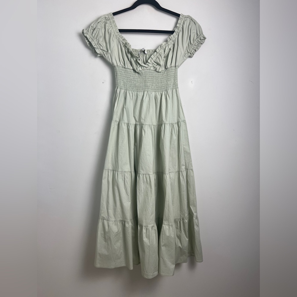 WeWoreWhat‎ Small Cotton Poplin Sage Green Puff Sleeve Smocked Midi Dress - Picture 2 of 11